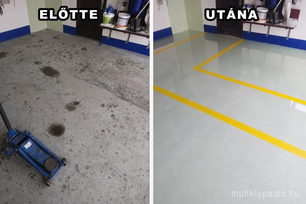 Műhely padló Előtte - Uána. Beton műhely padlóra műgyanta alapú padló burkolat.